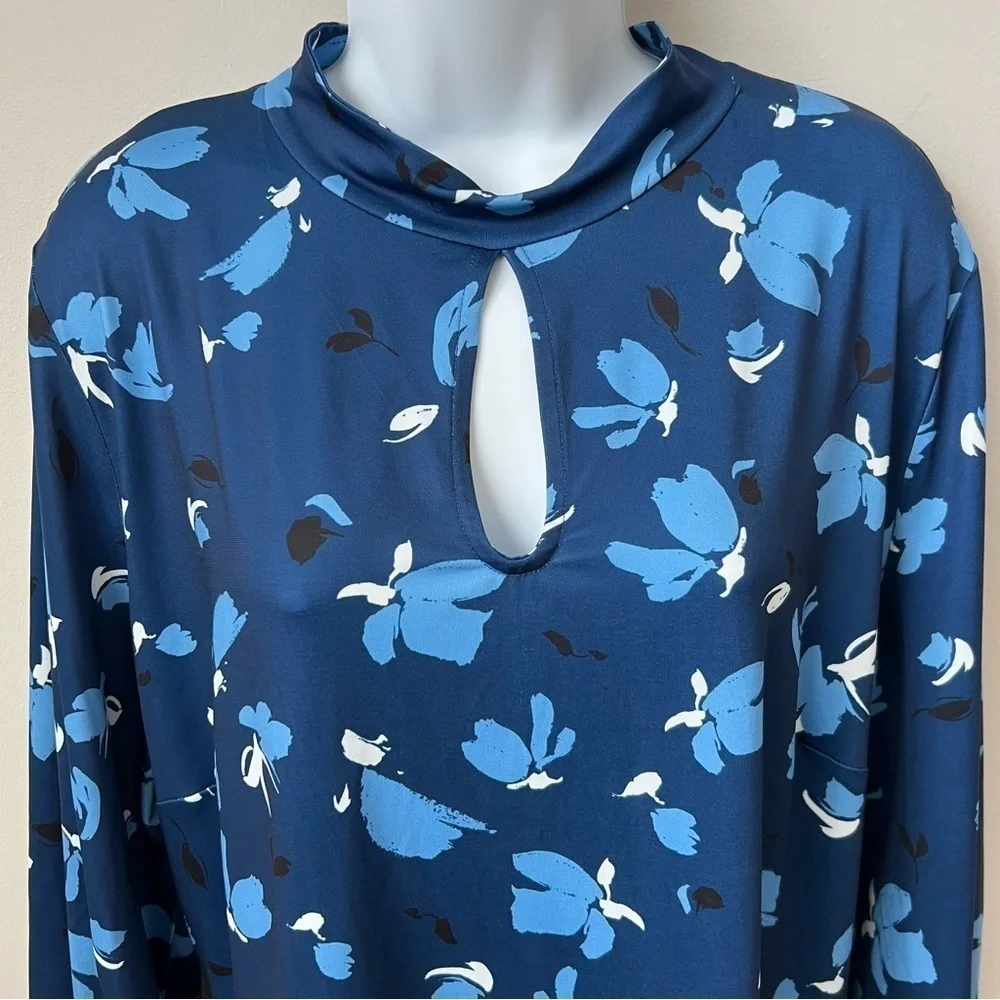 Eloquii Boho Tie Neck L/S Top Keyhole Back Cut Out Stretch Blue Floral 20 - Picture 2 of 10